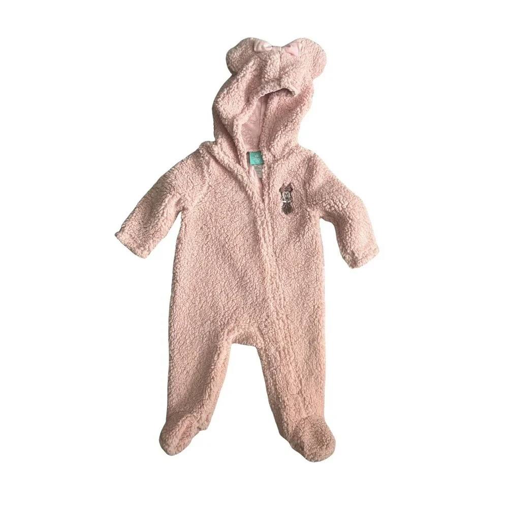 NWT Baby Girl Disney Minnie Mouse Sherpa One Piece With Hooded Ears 12 Months